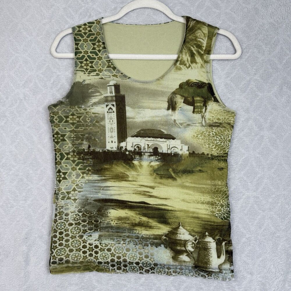 Vtg European Mesh Top S/M Green Fairy Grunge Boho Moorish Mosque Graphic 90s Y2K